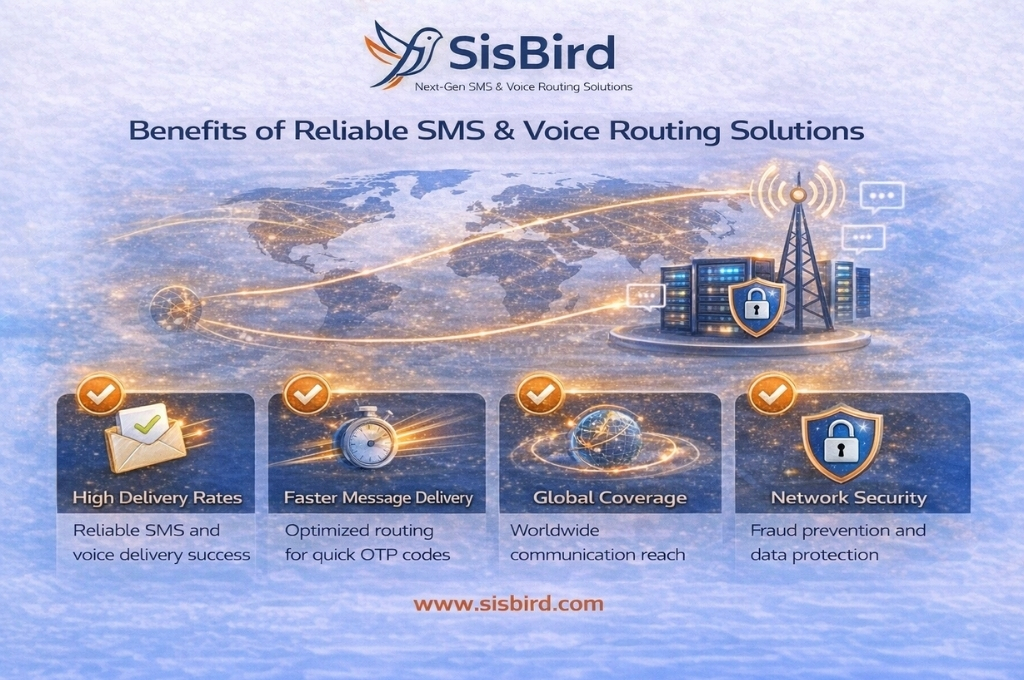 Benefits of reliable SMS and voice routing including high delivery rates, fast message delivery, global coverage, and secure telecom networks.