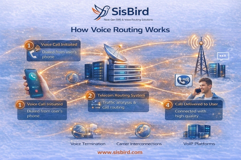 Global telecom infrastructure for SMS and voice routing showing network servers, telecom towers, and messaging connectivity.