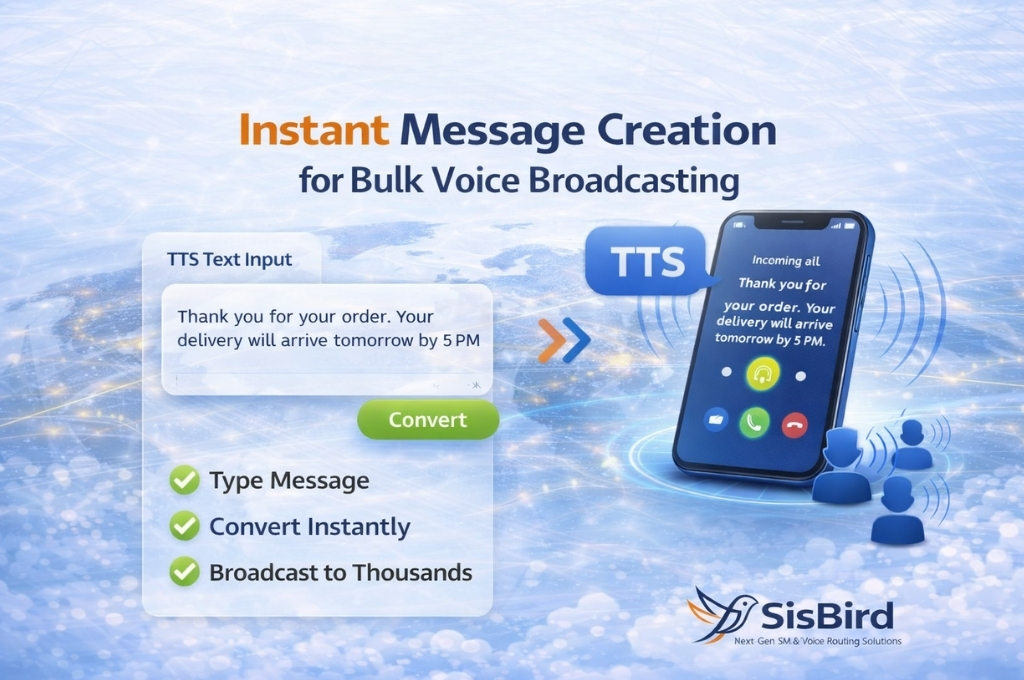 TTS instant message creation infographic showing text input converted into voice broadcast messages for large audiences