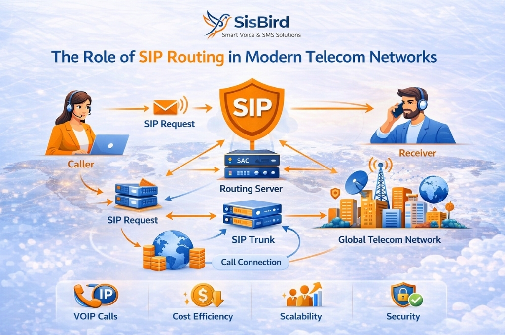 SIP routing infographic showing how SIP protocol connects calls across telecom networks