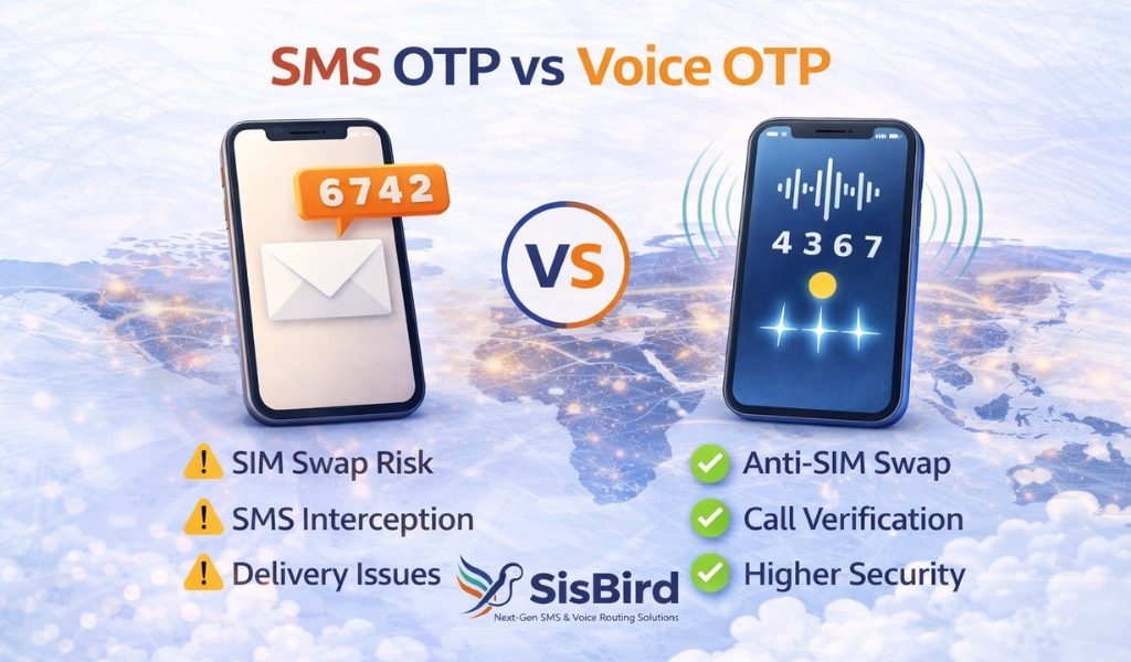 SMS OTP vs Voice OTP comparison infographic highlighting security differences, SIM swap risks, and voice call verification advantages