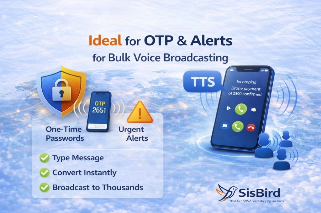 TTS voice broadcasting for OTP and alerts infographic showing secure one time passwords and real time voice notifications