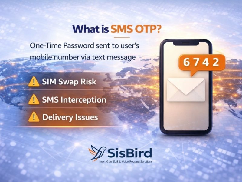 What is SMS OTP infographic showing one-time password sent via text message with risks like SIM swap and SMS interception