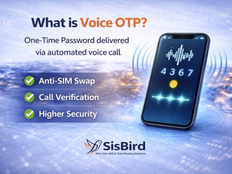 What is Voice OTP infographic showing automated voice call verification with high security and anti SIM swap protection