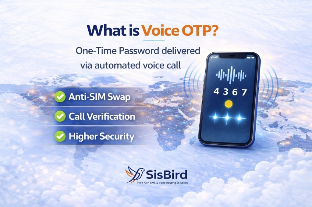 What is Voice OTP infographic showing automated voice call authentication with anti SIM swap protection and high security features