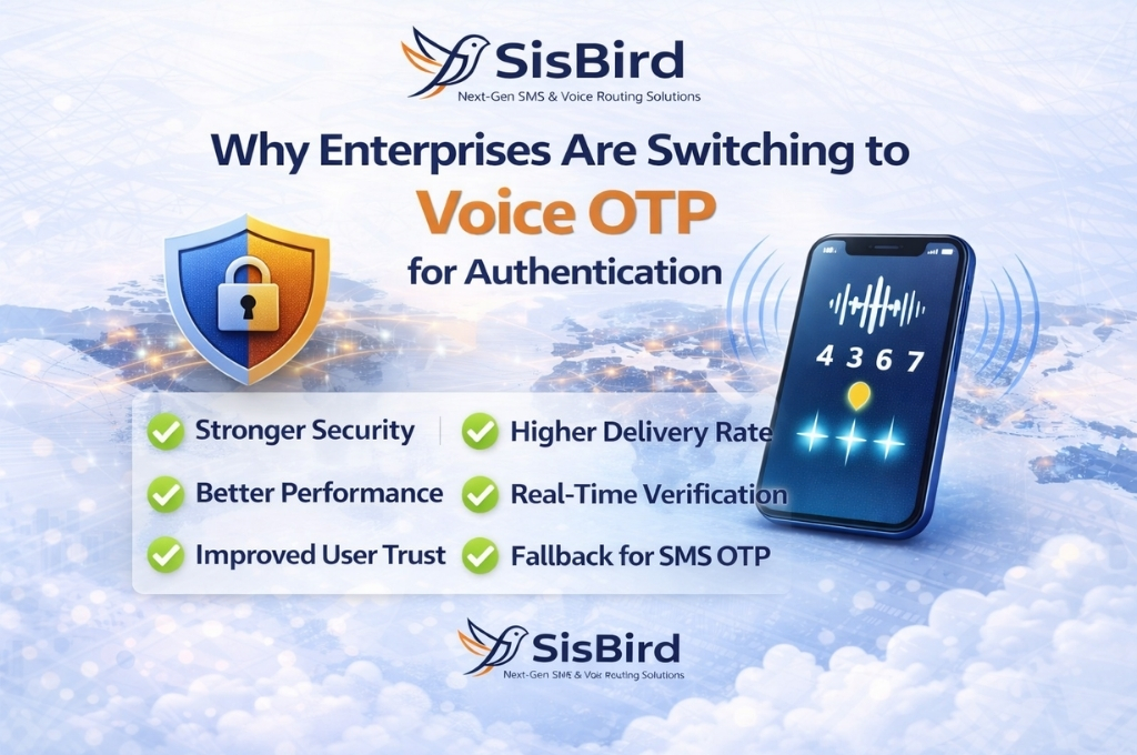 Why enterprises are switching to Voice OTP infographic showing benefits like higher security, better delivery rate, and real-time authentication