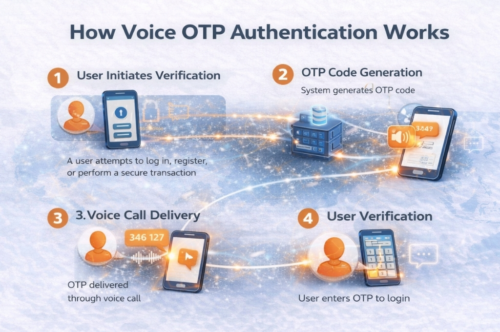 Process diagram showing how Voice OTP authentication works from code generation to user verification