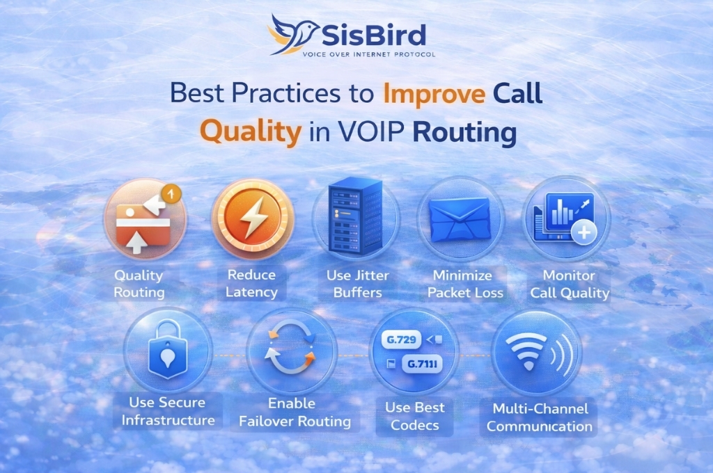 voip call quality improvement infographic showing jitter buffers codecs monitoring and failover routing