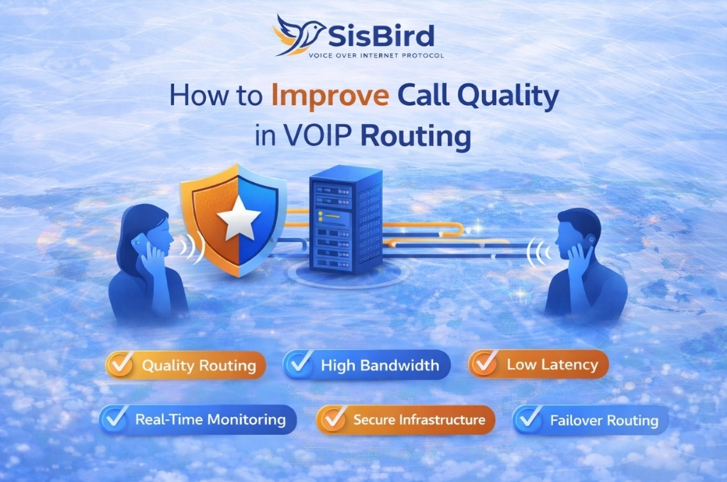 improve voip call quality infographic showing routing optimization bandwidth latency and secure infrastructure