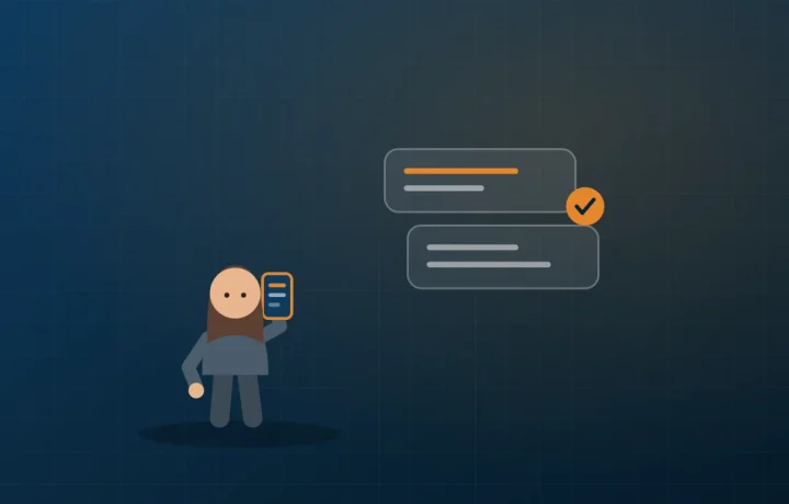 Illustration of an engineer comparing a delivery receipt against a handset while testing a wholesale SMS route